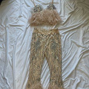 Sparkle and Shine: Pink and Silver Sequined Two-Piece Flare Pant Crop Top Set"